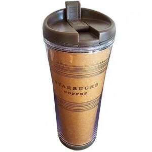 2007 STARBUCKS Brown Gold Lines Tumbler 16 Oz TRAVEL MUG Coffee Tea Hot Cold 07